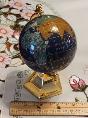 Vintage World Globe Lapis And Semi Precios Gemston,brass Stand.